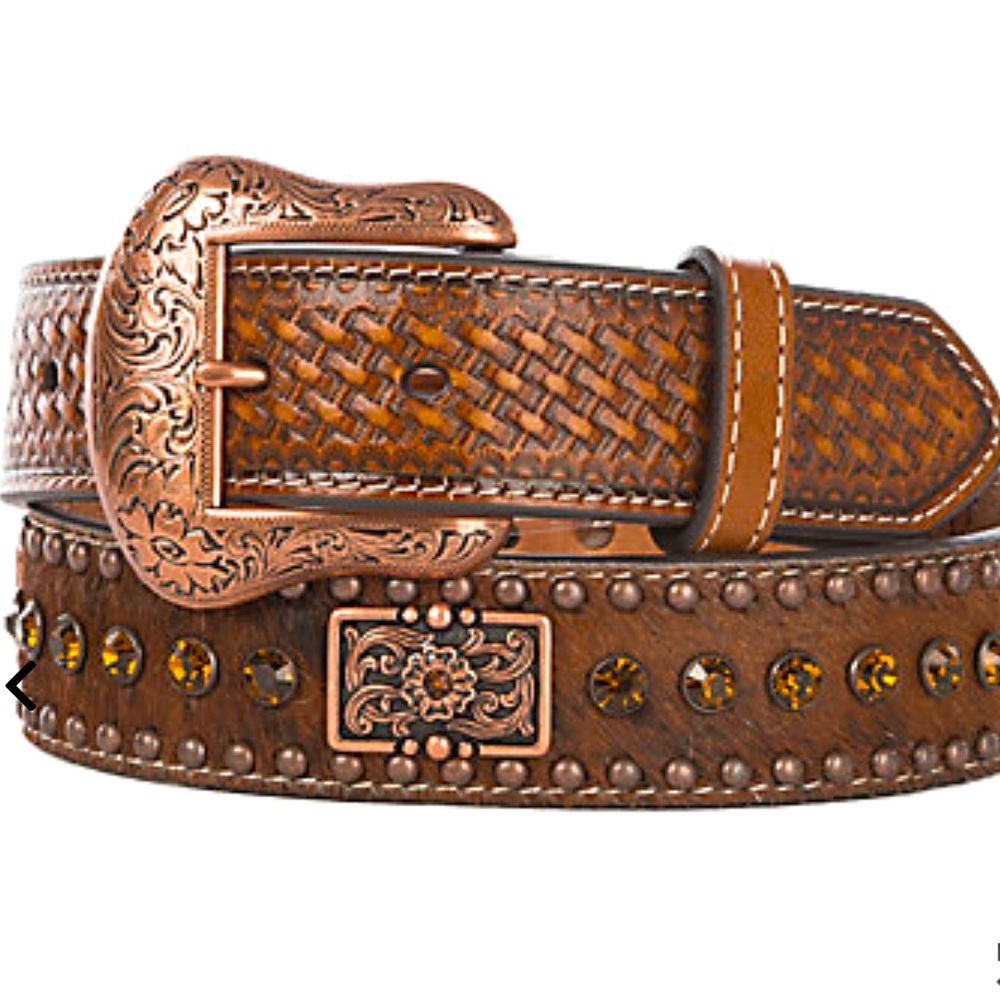 Nocona Tan Leather Hair Inlay with Rectangle Conchos Belt Men’s Sz 46